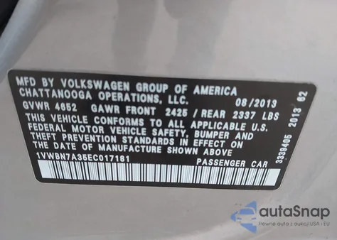 2014 Volkswagen Passat 2.0L Tdi Se z USA, uszkodzony, nr VIN 1VWBN7A35EC017181